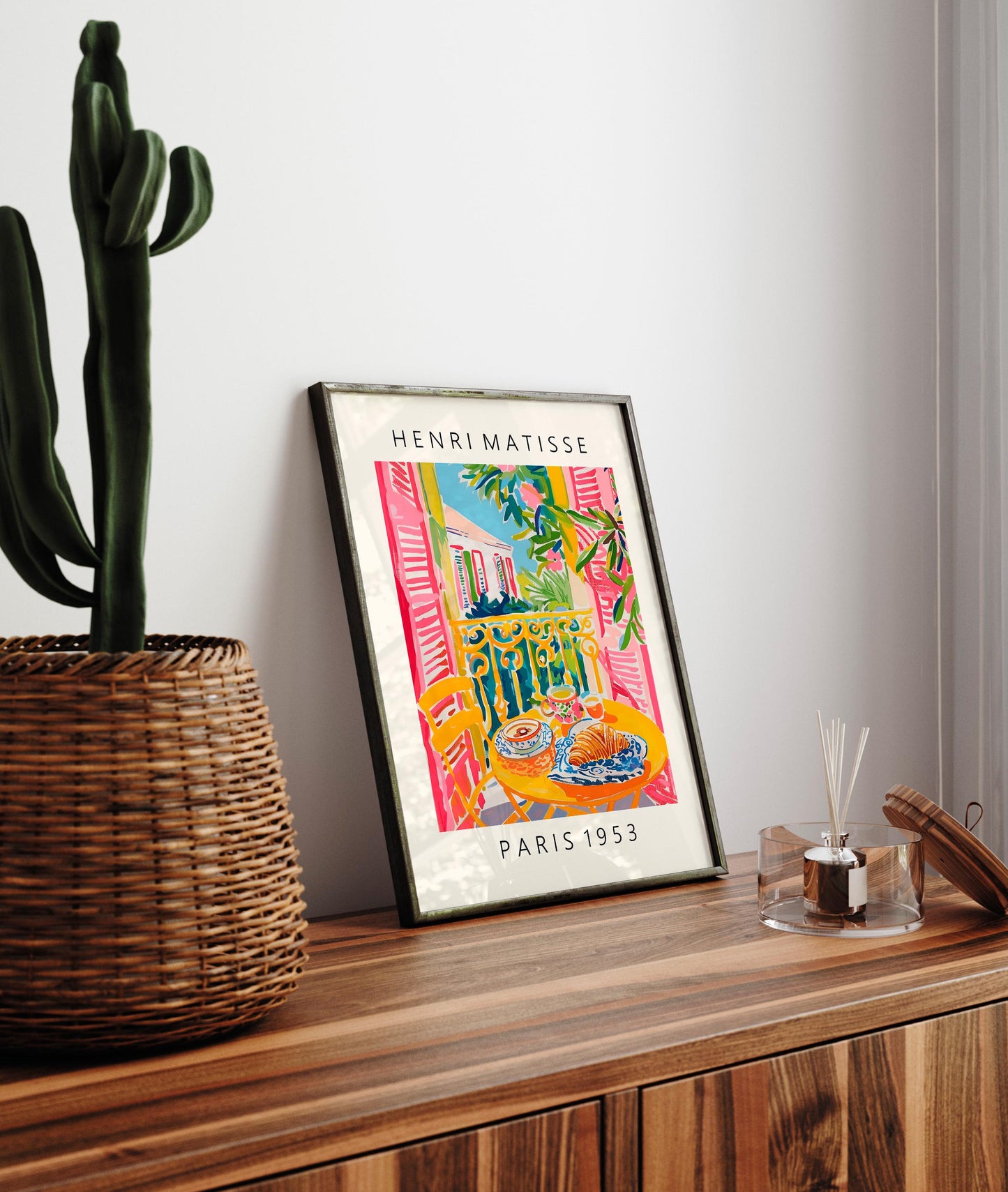 Matisse Style Coffee and Croissant Art Print: Pink Mid Century Poster