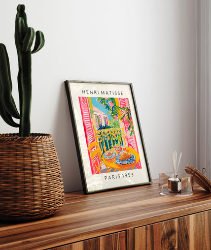 Matisse Style Coffee and Croissant Art Print: Pink Mid Century Poster
