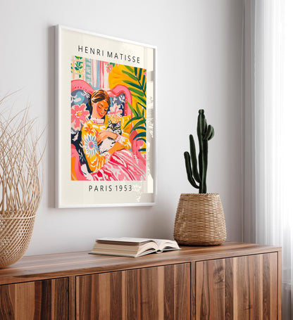 Woman holding a cat, Pink Matisse wall art, Dopamine decor, Mid century decor, Pink tropical art
