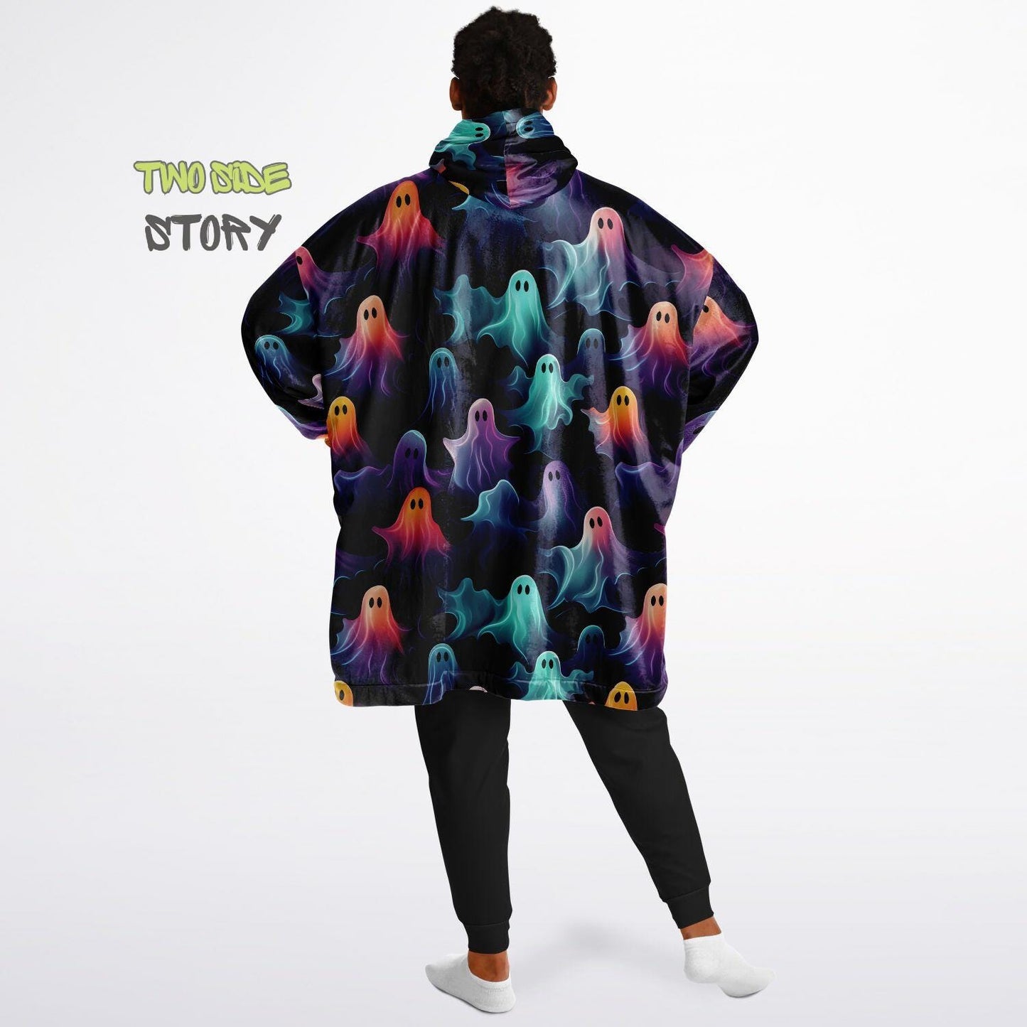 Fun Halloween Neon Ghosts Snug Hoodie,Printed Hooded Blanket,Blanket Sleeves,Lounge Wear,Novelty Birthday Christmas Gifts for Him or Her