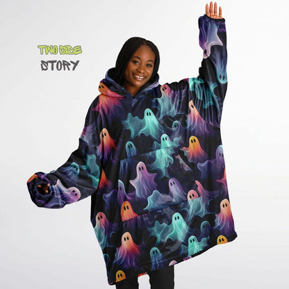 Fun Halloween Neon Ghosts Snug Hoodie,Printed Hooded Blanket,Blanket Sleeves,Lounge Wear,Novelty Birthday Christmas Gifts for Him or Her