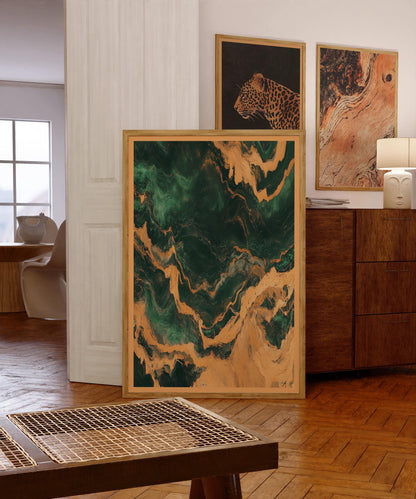 Emerald Green and Gold Marble Swirl Wall Art Retro Abstract Poster Boho Style Print Living Room Wall Art Decor Mid Century Modern Art