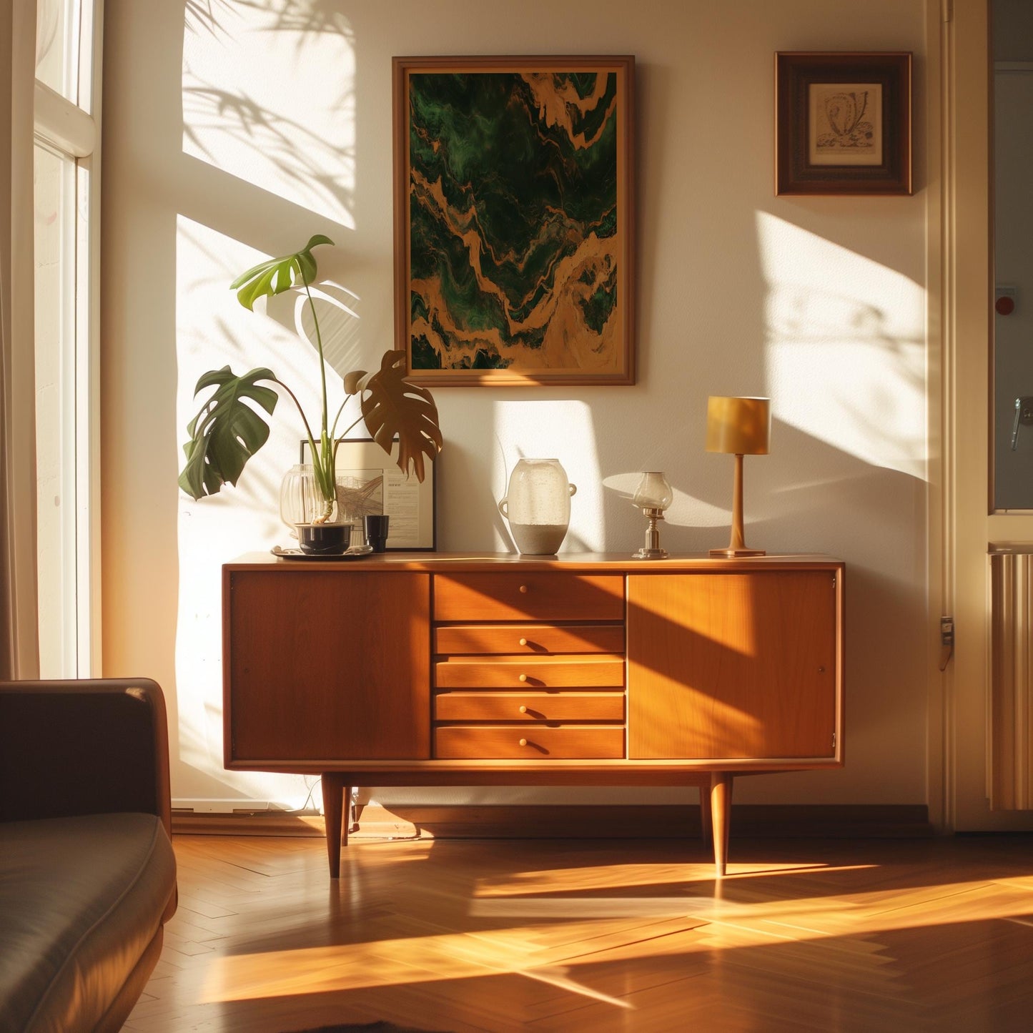 Emerald Green and Gold Marble Swirl Wall Art Retro Abstract Poster Boho Style Print Living Room Wall Art Decor Mid Century Modern Art