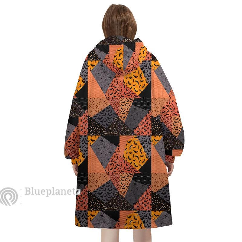 Custom Name Halloween Hoodies Blanket, Personalized Wearable Hoodie Blanket, Custom Halloween Pattern Oversized Blanket