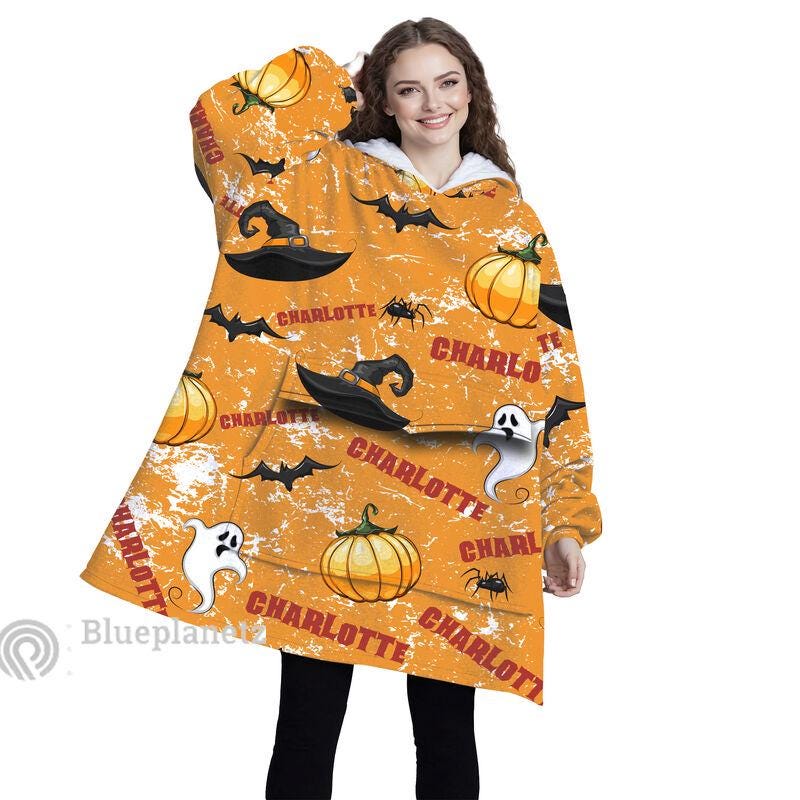 Custom Name Halloween Hoodies Blanket, Personalized Wearable Hoodie Blanket, Custom Pumpkin Witch Hat Ghost Oversized Blanket