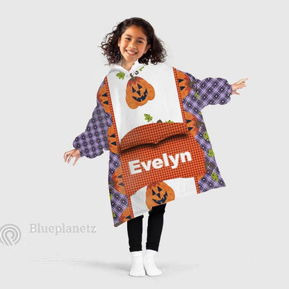 Custom Name Halloween Hoodies Blanket, Personalized Wearable Hoodie Blanket, Custom Pumpkin Oversized Blanket
