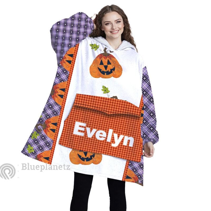 Custom Name Halloween Hoodies Blanket, Personalized Wearable Hoodie Blanket, Custom Pumpkin Oversized Blanket