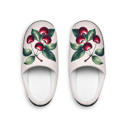 Slippers, Dark Red Cherry Bunch on Light Pink, Women's Indoor Slippers, House Shoes, Gift for Her, Cozy Slippers, Soft Rose Quartz Slippers