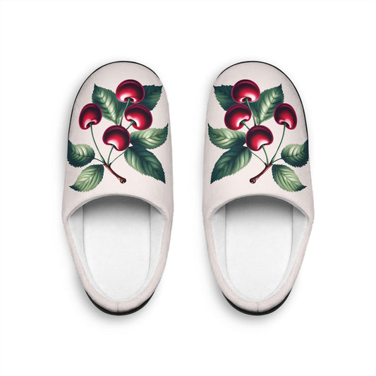 Slippers, Dark Red Cherry Bunch on Light Pink, Women's Indoor Slippers, House Shoes, Gift for Her, Cozy Slippers, Soft Rose Quartz Slippers