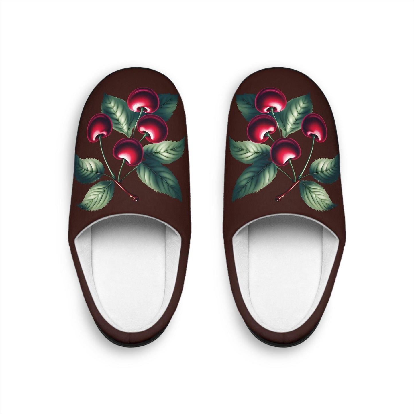 Women'sSlippers Chocolatebrown Dark Redcherry Design w/ Greenleaves Gift-for-mom Gift-for Grandma Gift For Dessertlover Gift For Fruitlovers