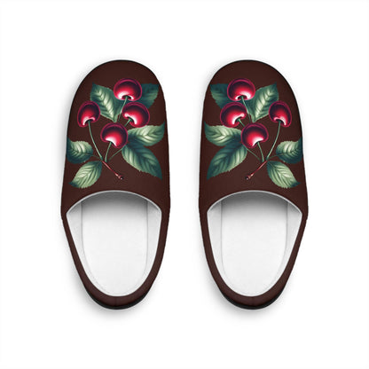 Women'sSlippers Chocolatebrown Dark Redcherry Design w/ Greenleaves Gift-for-mom Gift-for Grandma Gift For Dessertlover Gift For Fruitlovers