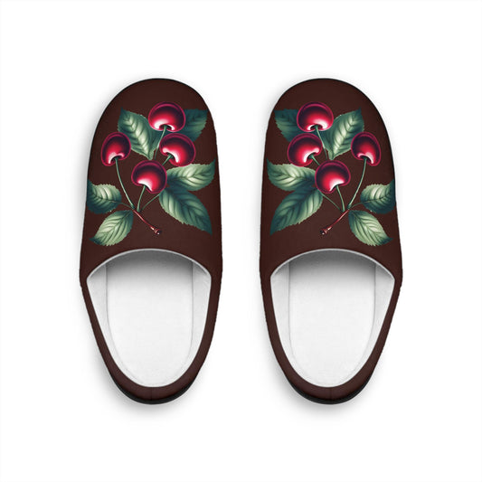 Women'sSlippers Chocolatebrown Dark Redcherry Design w/ Greenleaves Gift-for-mom Gift-for Grandma Gift For Dessertlover Gift For Fruitlovers