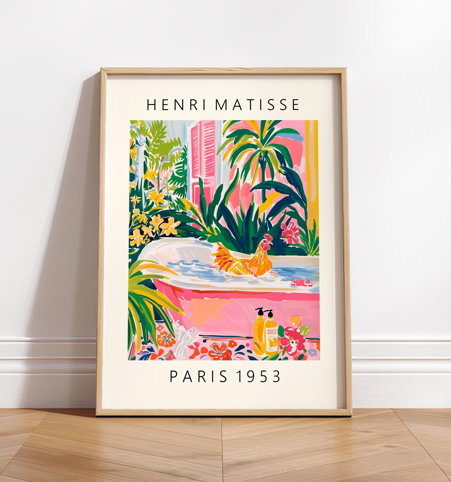 Matisse Style Chicken Art Print: Funny Pink Bathroom Decor