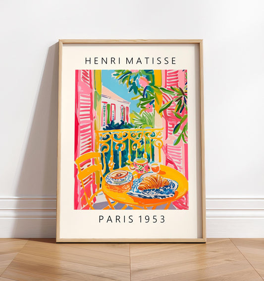 Matisse Style Coffee and Croissant Art Print: Pink Mid Century Poster