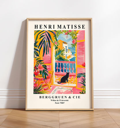 Black cat Matisse print, Beachy decor, Pink dopamine art, Mid century modern poster, Maximalist poster