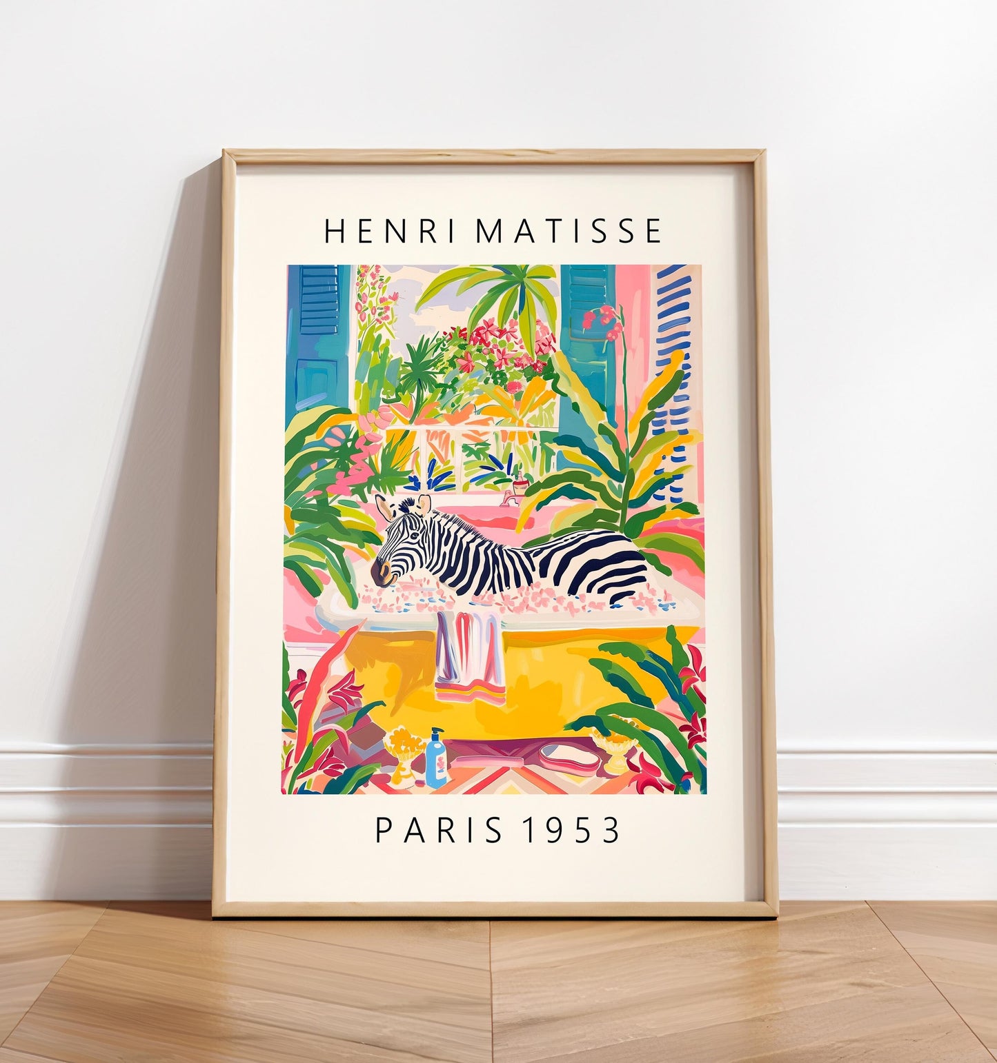Maximalist wall art, Zebra in bathtub funny poster, Pink safari decor, Animal print