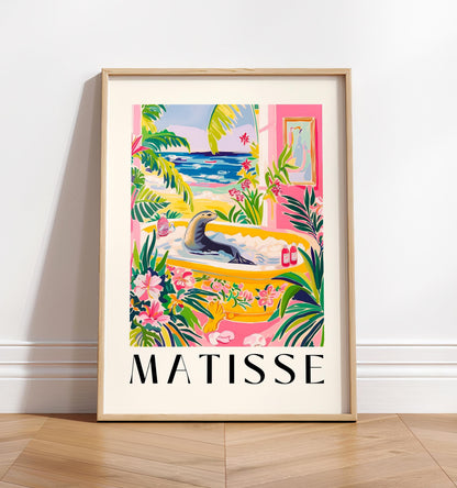 Sea Lion in Bathtub Art Print: Tropical Matisse Style Bathroom Art