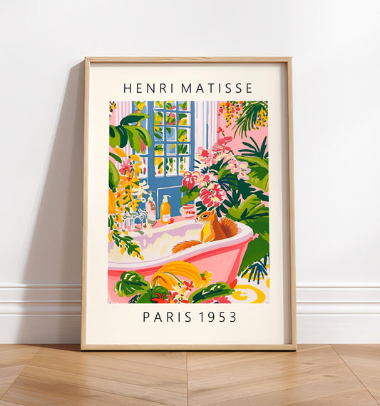 Squirrel in Bathtub Art Print: Funny Pink Tropical Bathroom Decor