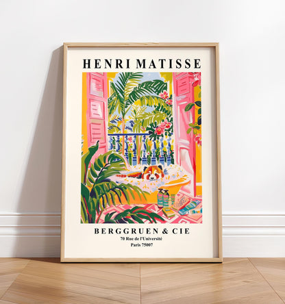 Red panda in bathtub funny poster, Matisse print, Bathroom decor, Pink tropical art print