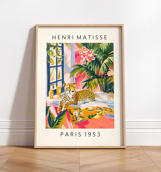 Cheetah in Bathtub Art Print: Funny Mid-Century Modern Bathroom Decor