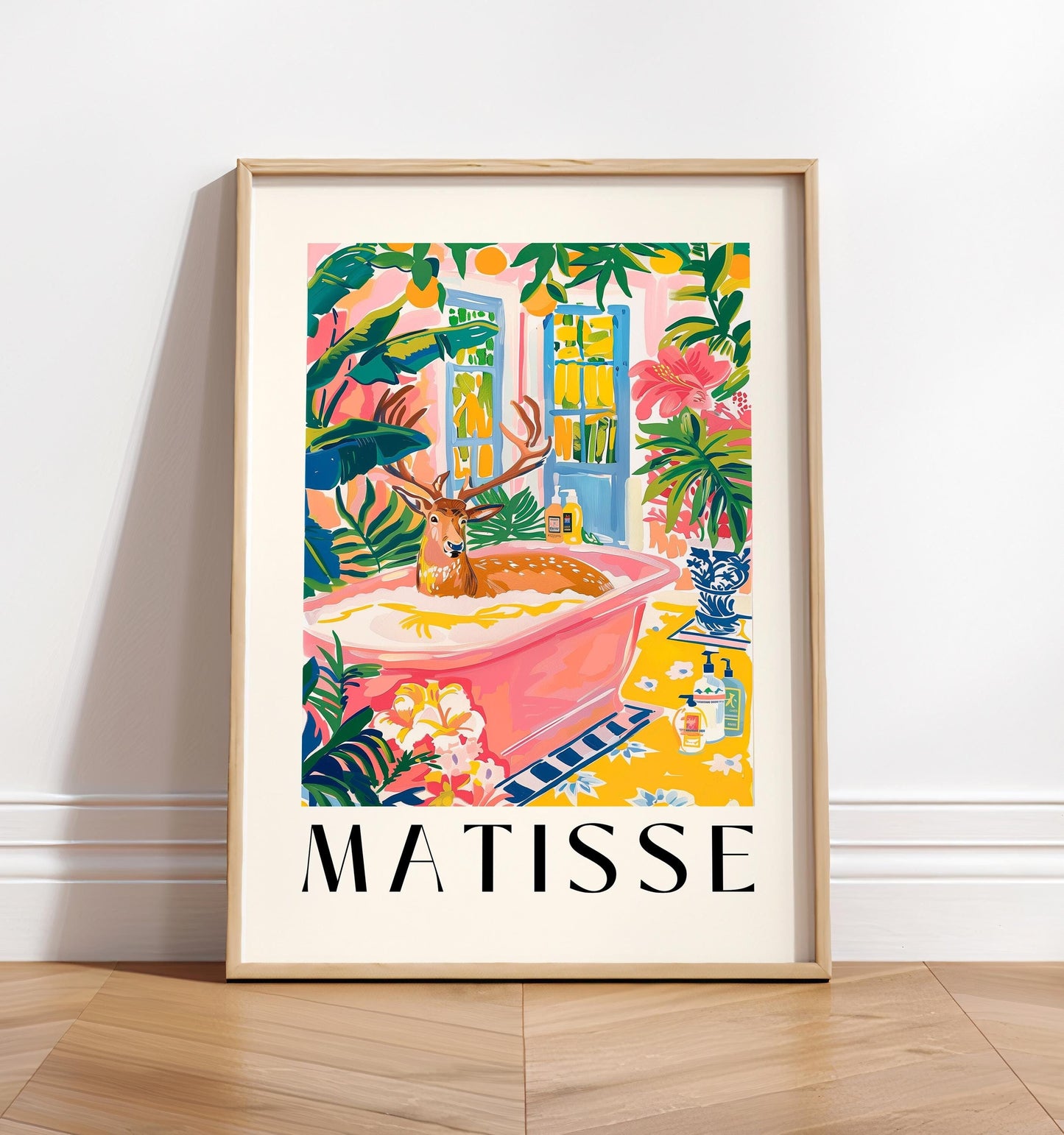 Deer in bathtub art print, Mid century art, Bathroom decor, Pink tropical flowers wall art, Matisse poster