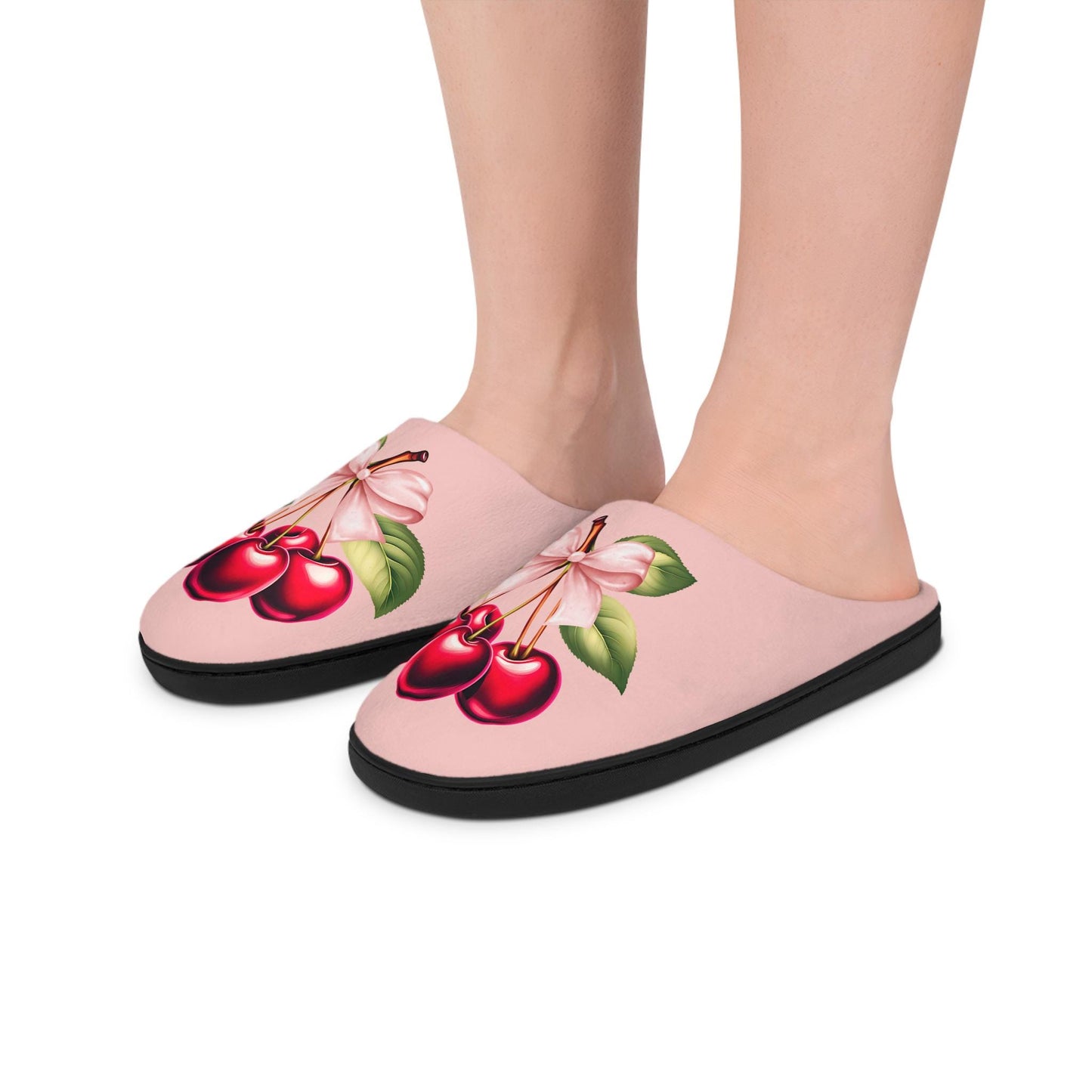 PinkCoquette PinkBow Women's Slippers DarkRed Cherries and LightPink Bow - Cute and Cozy Footwear for Everyday Comfort Fruit Cherry Slippers