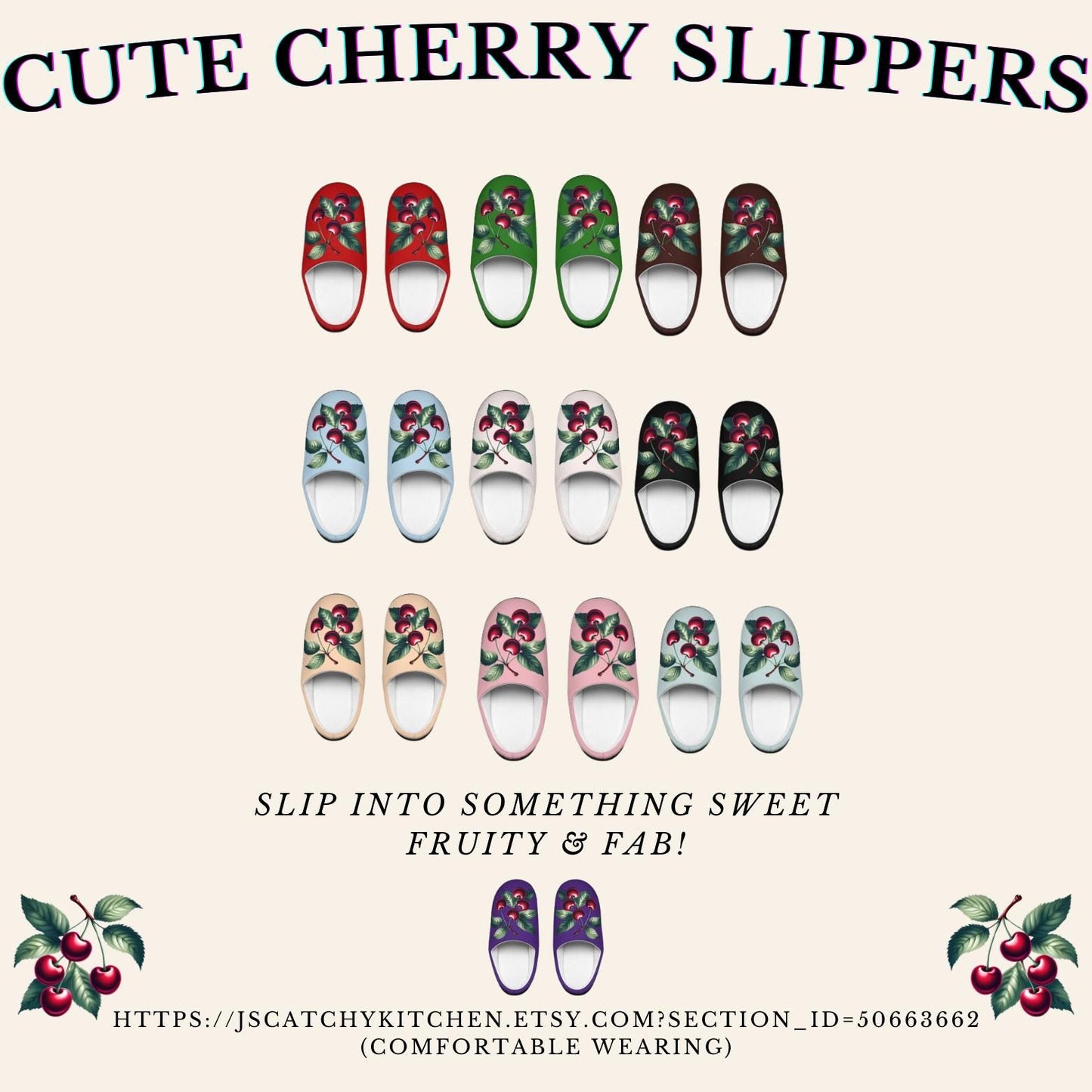 Women'sSlippers CornflowerBlue IndoorSlippers w/ Fruitful Cherry Design Cozy HouseShoes for Homely Comfort Fruit Cherry Slippers Giftfor Her