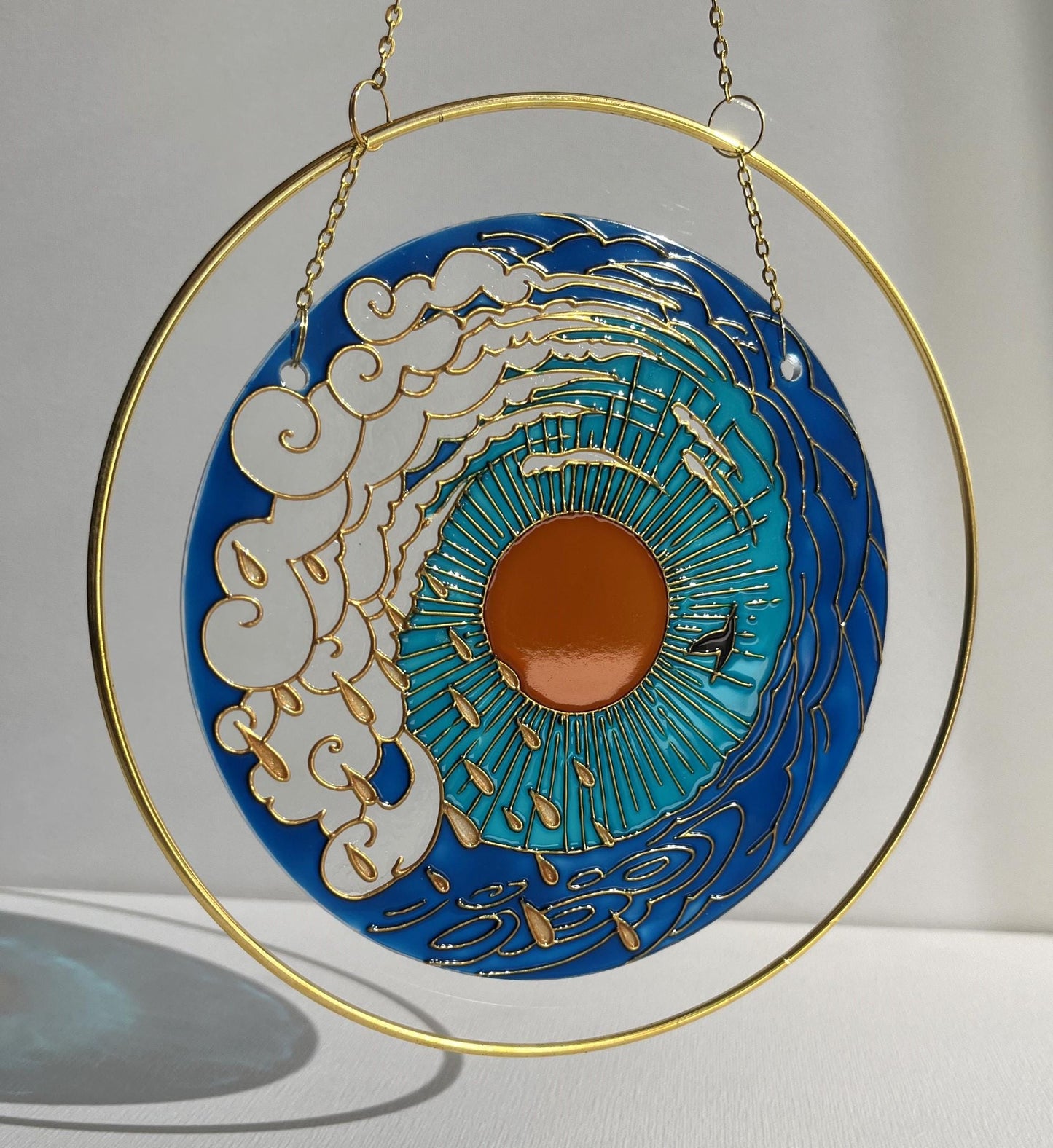 Stained glass suncatcher Sea mood Sun Cloud Bird Unique painting Cute gift