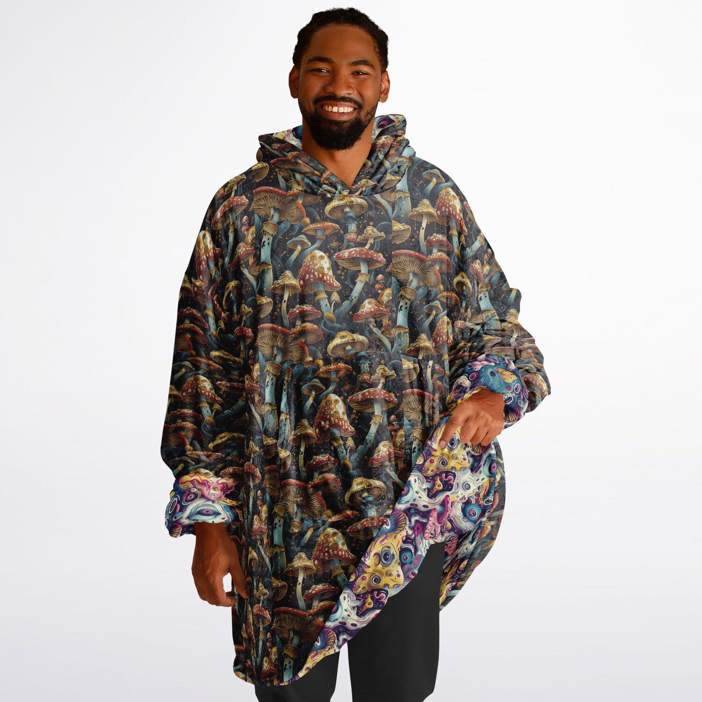 Psychedelic Trippy  Magic Mushrooms Reversible Snug Hoodie, Pullover Hood Blanket Sleeves, Lounge Wear, Novelty Birthday Christmas Gifts
