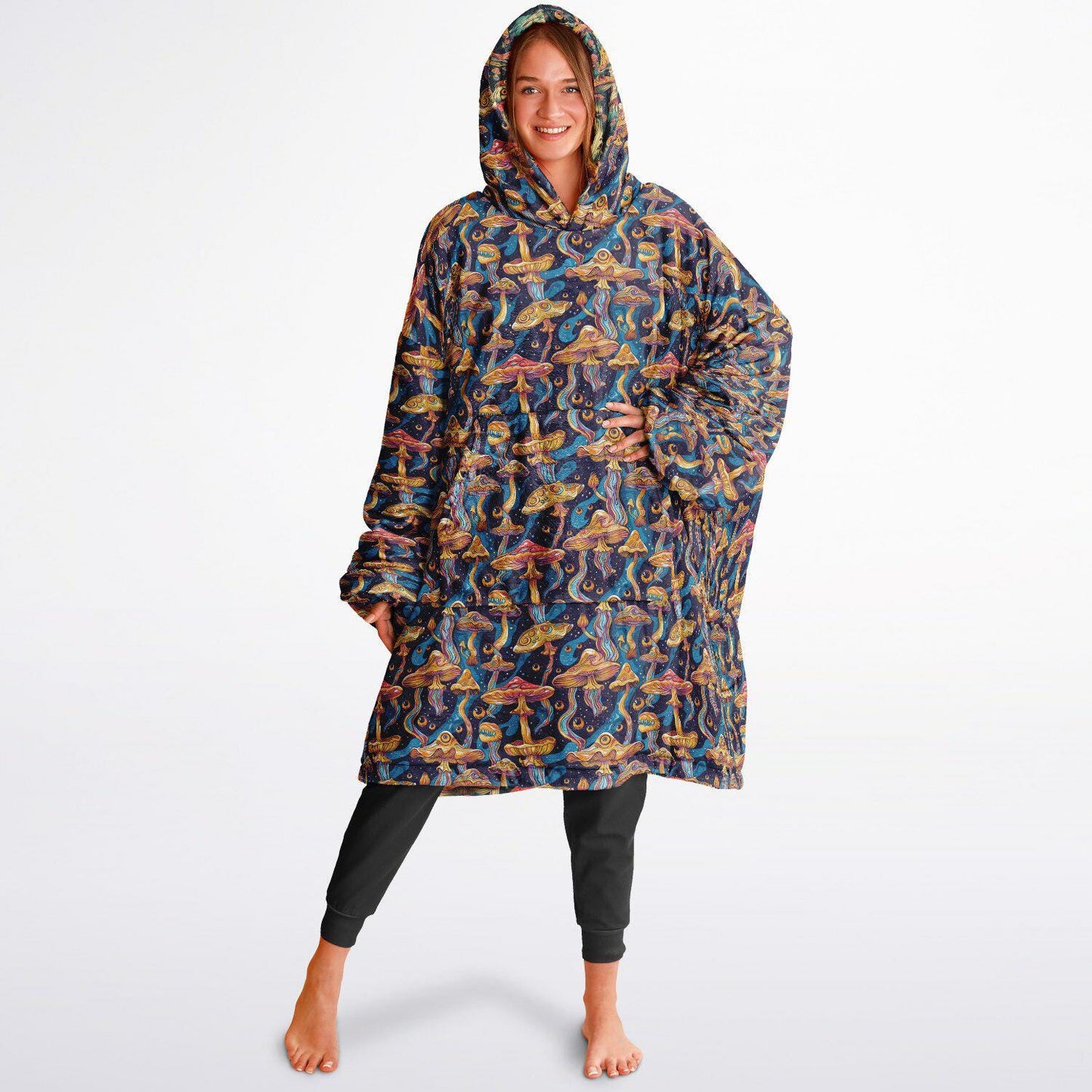 Psychedelic Trippy  Magic Mushrooms Reversible Snug Hoodie, Pullover Hood Blanket Sleeves, Lounge Wear,Fun Christmas Gifts, Festival Clothes