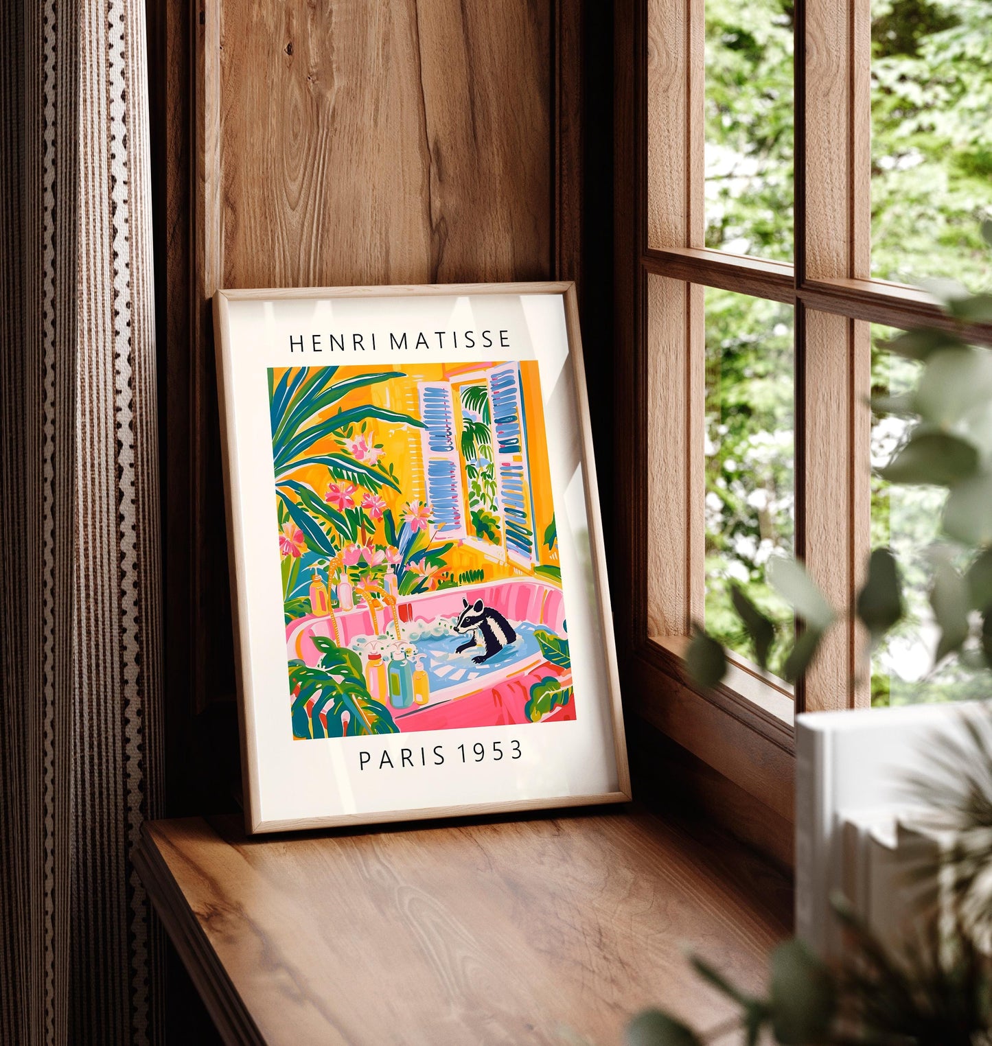 Skunk in Bathtub Art Print: Matisse Style Bathroom Decor