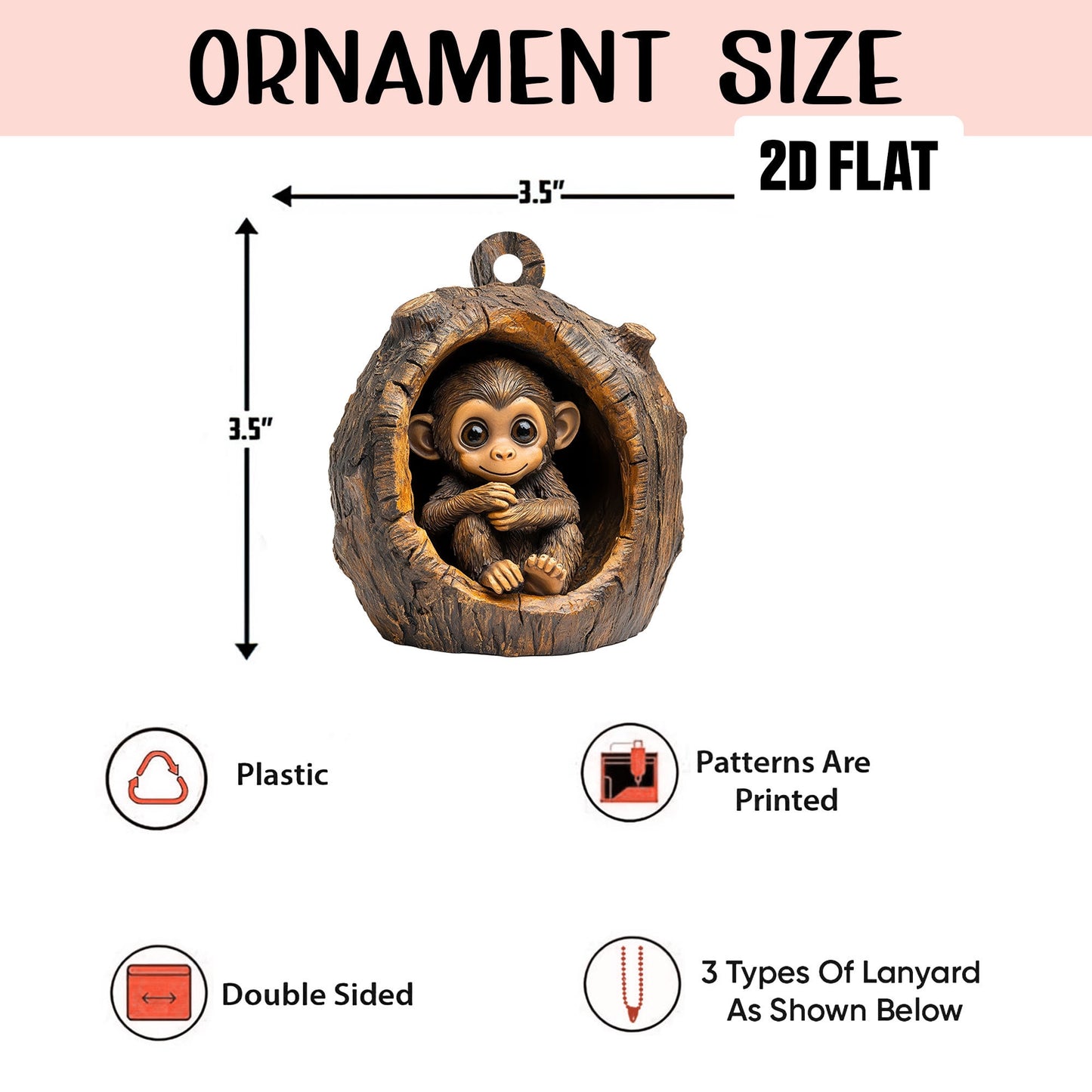 Monkey 2D Flat Ornament, Monkey Rearview Mirror Car Accessories, Monkey Christmas Ornament, Monkey Ornament, Holiday Gift for Monkey Lover