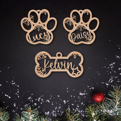 Personalized Pet Christmas Ornament: Custom Wooden Dog Paw or Bone