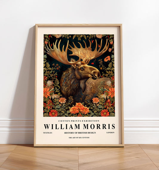 William Morris moose print, Dark Cottagecore decor, Dark botanical wall art, Animal poster