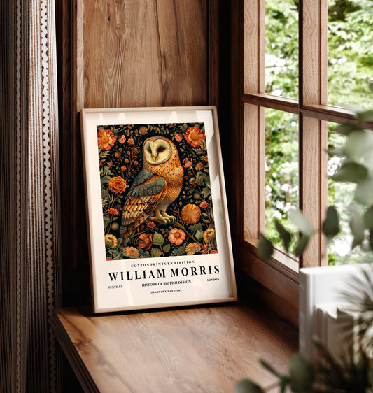 Barn owl painting, William Morris poster, Botanical print, Cottagecore decor, Bird print