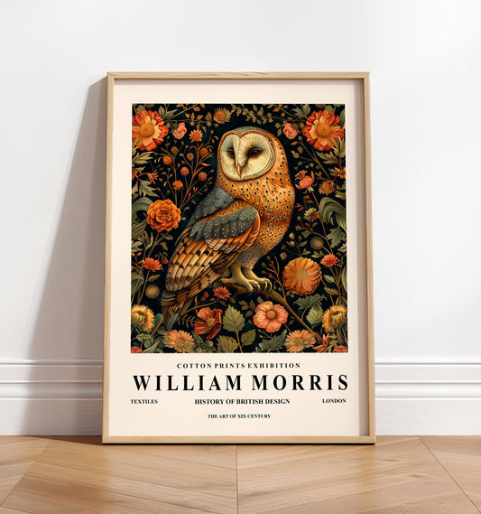 Barn owl painting, William Morris poster, Botanical print, Cottagecore decor, Bird print