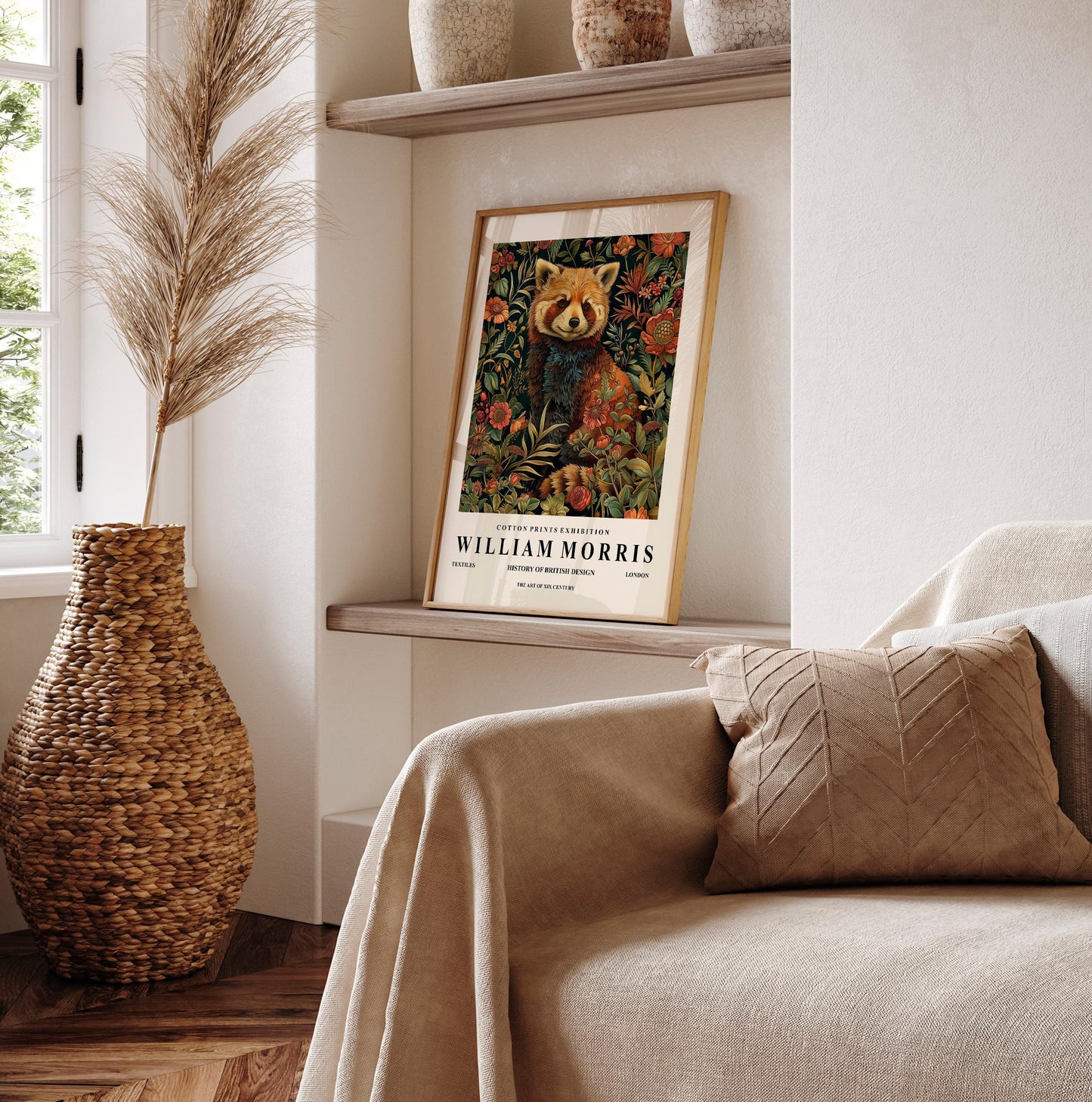 Red Panda Print: William Morris Inspired Botanical Art