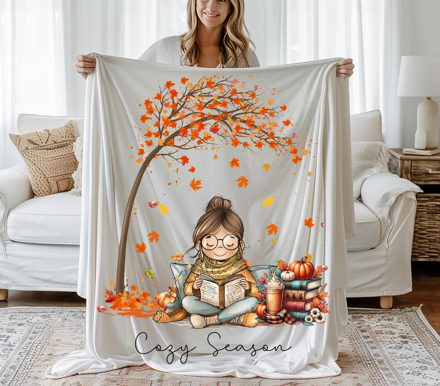 Fall Book Blanket, Cozy Season Throw, Reading Nook Decor, Bookish Gift, Fall Reading Blanket, Reading Nook Fall Blanket, Bookworm Throw
