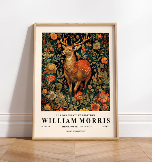 Deer Art Print: William Morris Style, Botanical Forest Animal Wall Art