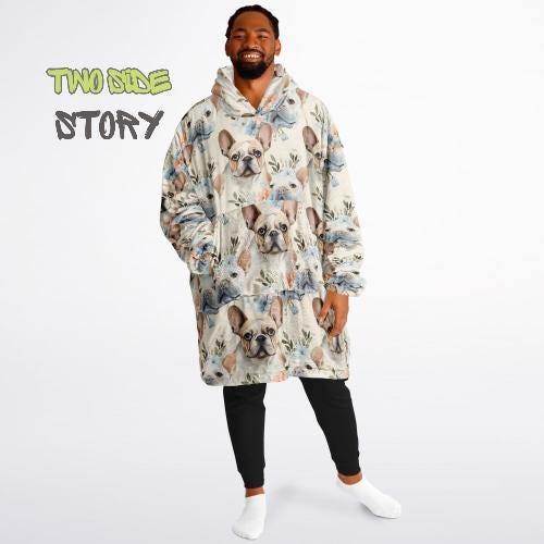 Cute Frenchie Print Snug Hoodie,Printed Hooded Blanket,Blanket Sleeves,Lounge Wear,Novelty Birthday Christmas Gifts for Him,Gift for Her Him
