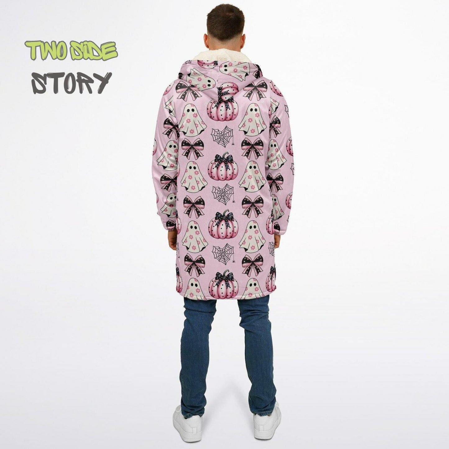 Fun Bow Halloween Print Microfleece Zipper Jacket,Unisex Coquette Hoodie Cloak, Creative Gift for Her, Unique Gift, Christmas Birthday Gifts