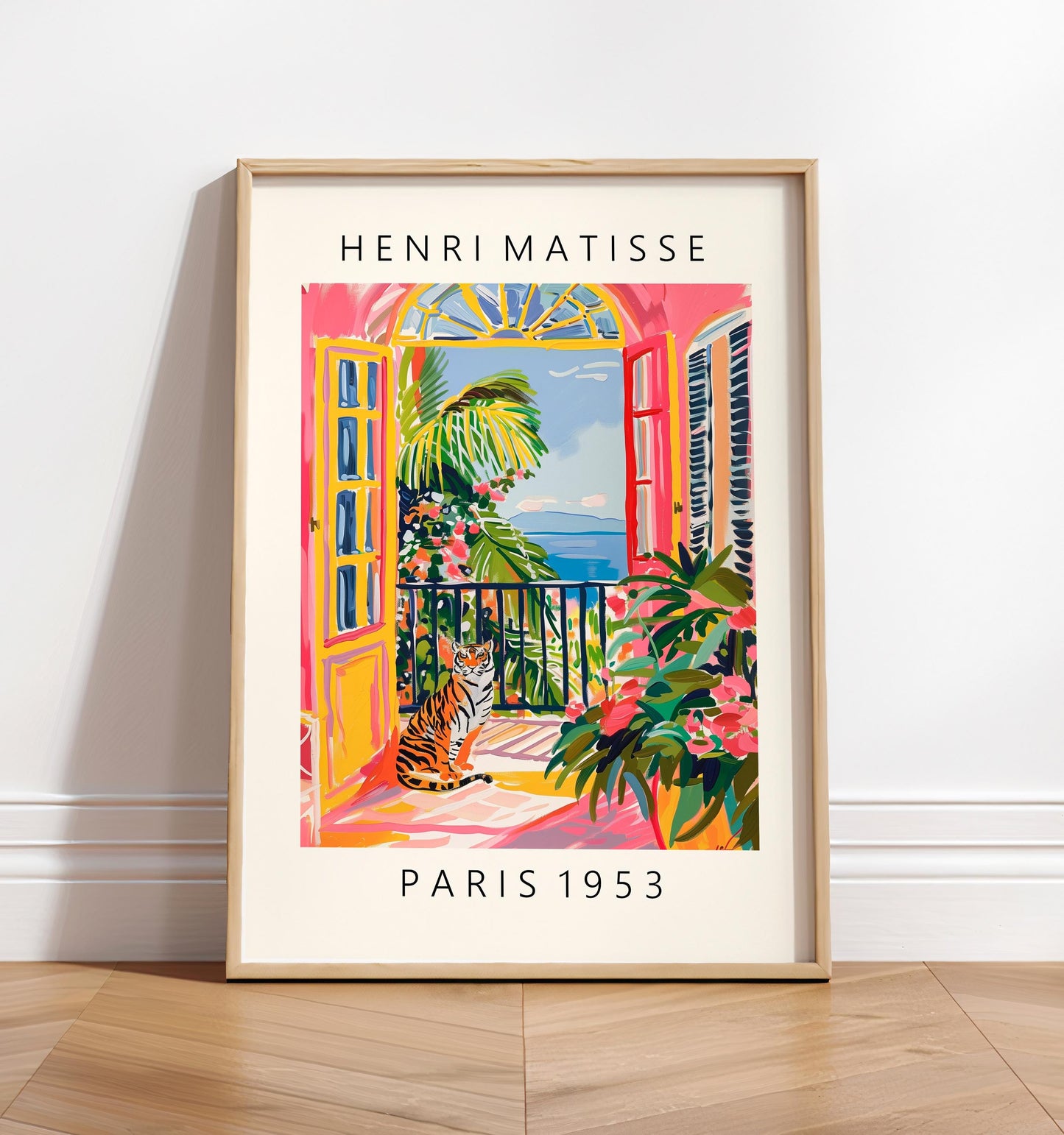 Matisse Style Tiger Art Print: Pink Beachy Mid-Century Modern