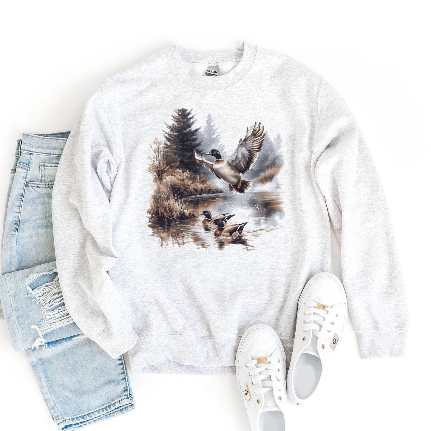 Retro Mallard Ducks Fall Pond Scene Sweatshirt - 90s Waterfowl Duck Forest Nature Outfit - Boho Unisex Crewneck Sweatshirt