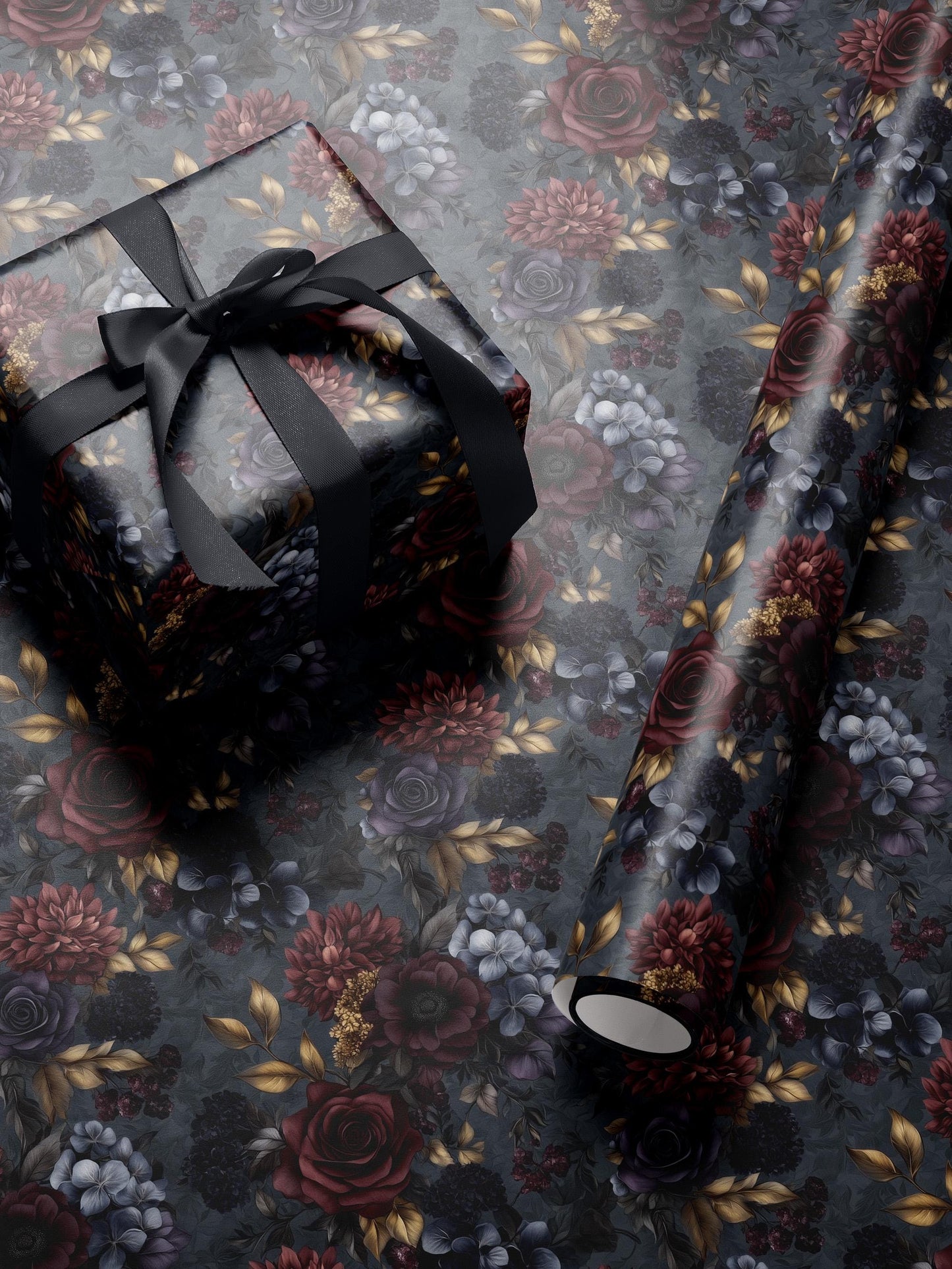 Moody Flower Wrapping Paper Dark Floral Gift Wrap Dark Academia Decor Gothic Gift Wrap Winter Flower Print Drawer Liner Paper Gift for Mom
