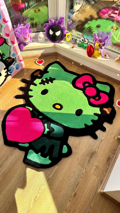 Frankenstein Kitty Halloween Rug – Custom Tufted Spooky Cute Carpet, Fluffy Kawaii Monster Decor for Anime Fans and Halloween Lovers