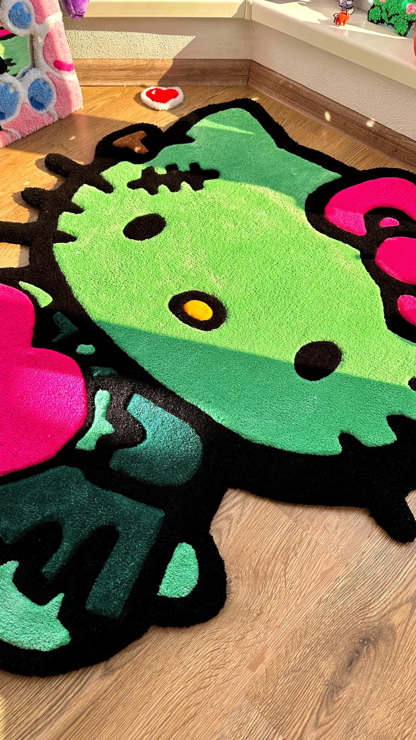 Frankenstein Kitty Halloween Rug – Custom Tufted Spooky Cute Carpet, Fluffy Kawaii Monster Decor for Anime Fans and Halloween Lovers