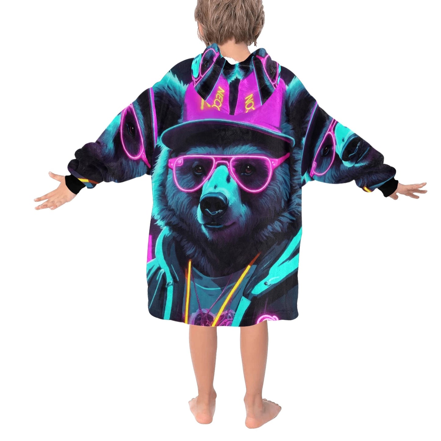 Kids Blanket Hoodie Gangsta Bear Gangster Neon