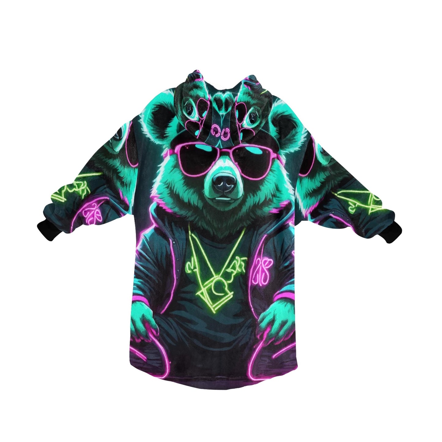 Kids Blanket Hoodie Gangsta Bear Gangster Neon Art