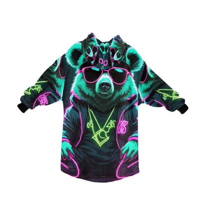Kids Blanket Hoodie Gangsta Bear Gangster Neon Art