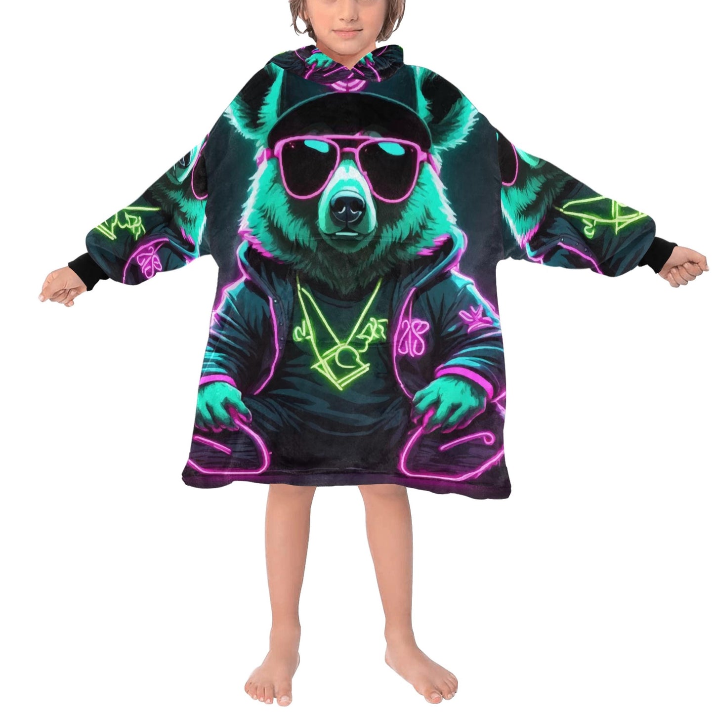 Kids Blanket Hoodie Gangsta Bear Gangster Neon Art